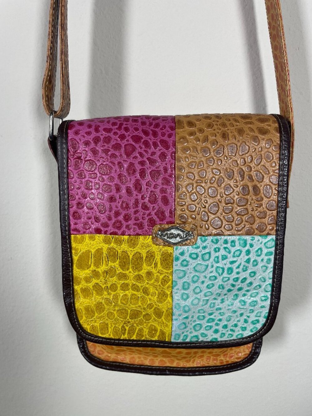 Monik Leather Colorful Color Block Crossbody Vintage Bogo Retro Purse 6.5" x 9.5